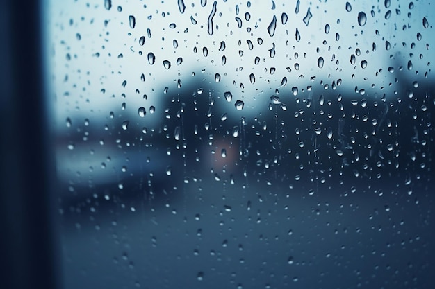 Raindrops on a window with a blurry background