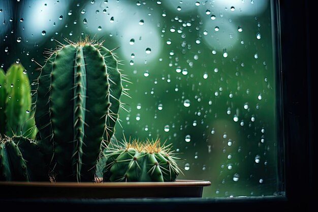 Raindrops on a window with a cactus behind it