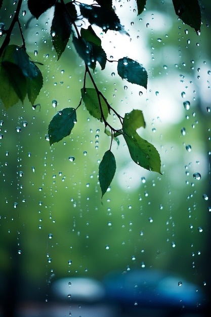 緑の葉が前面にある窓の上の雨滴