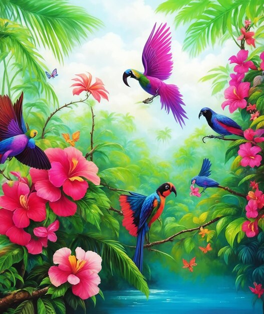 Rainforest birds of butterfly flowers fluffy clouds acrylic painting on paper hd acrylic image