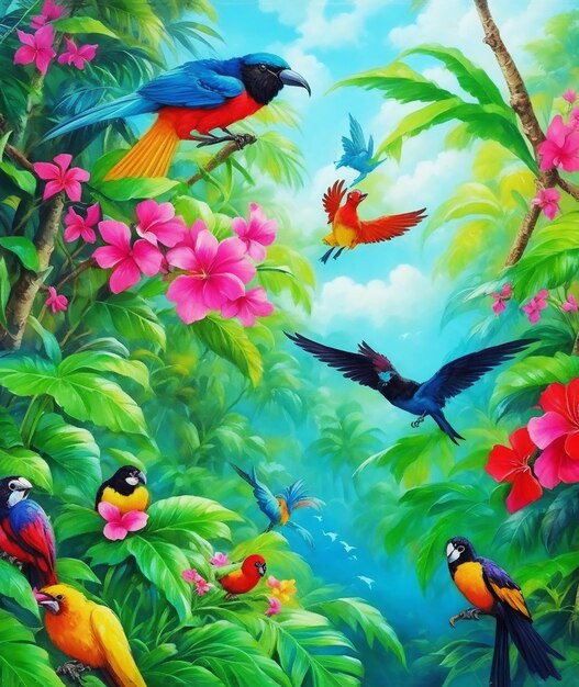 Rainforest birds of butterfly flowers fluffy clouds acrylic painting on paper hd acrylic image