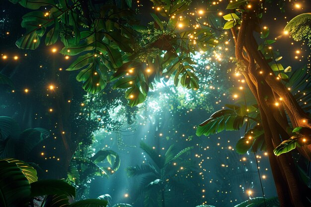 Photo rainforest canopy with bioluminescent creatures oc