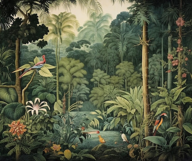 A rainforest design with green foliage and exotic