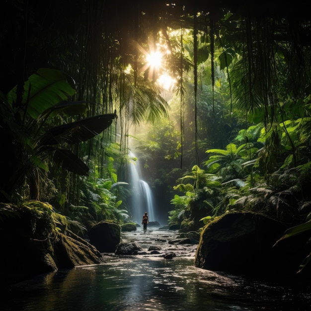 Rainforest exploration with a hidden waterfall