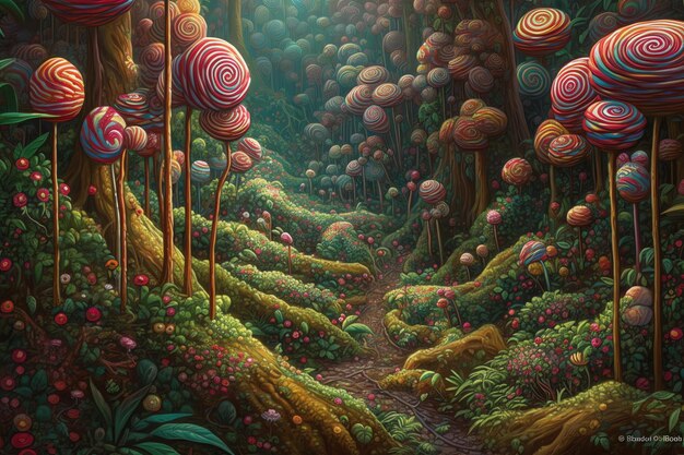 Photo a rainforest filled with candy cane trees and lollipop