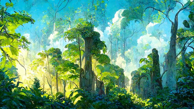 Rainforest forest in the sunny morning 3d illustration