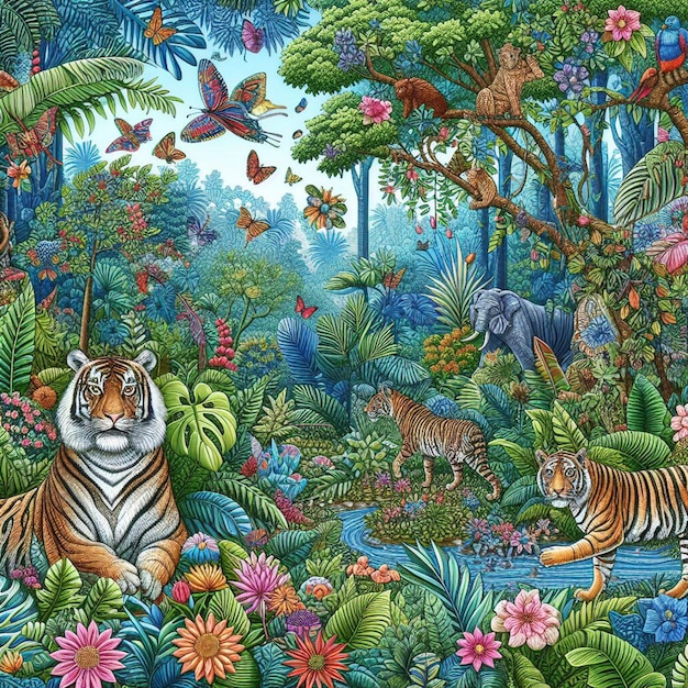 rainforest full of colorful plants and animals