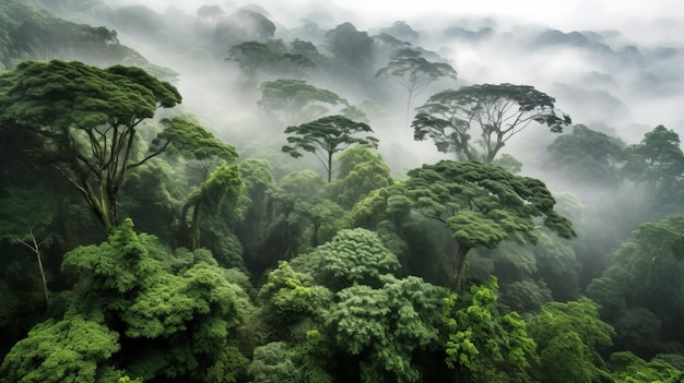사진 나무와 안개가 있는 열대우림 풍경