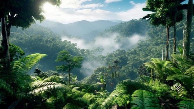 Rainforest landscape with trees and fog theme conservation climate change and renewable energy Generative AI
