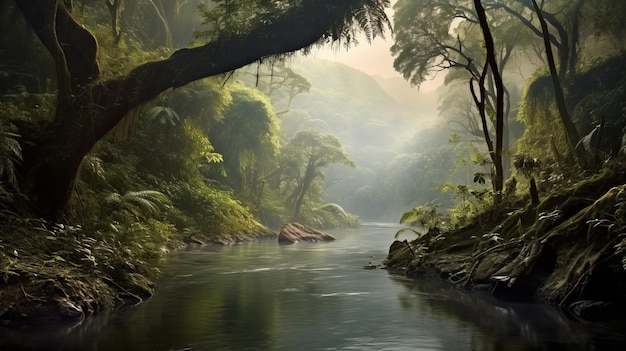 Ландшафт тропических лесов с деревьями и туманом