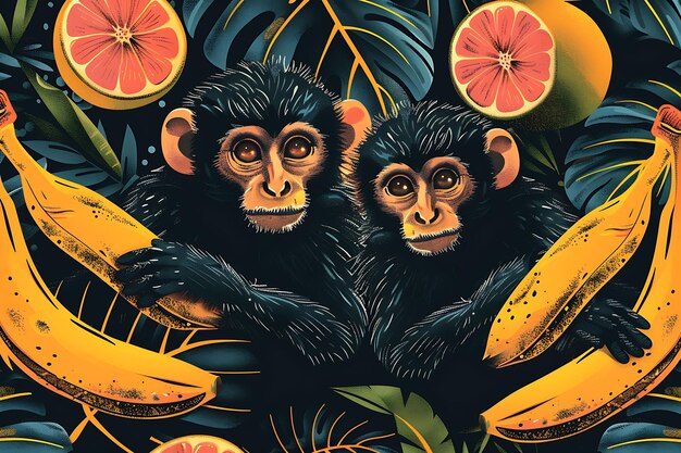 Photo rainforest monkeys with banana leaves in collage style tropi illustration trending background decor