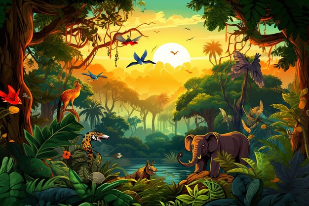 Photo rainforest scene with wild animals cartoon