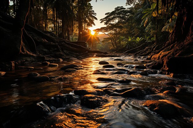 Foto papera da parati rainforest waterfall oasis sunset