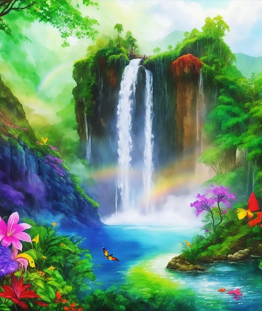 Photo rainforest waterfall paradise butterfly flowers rainbow fluffy painting on paper hd watercolor image