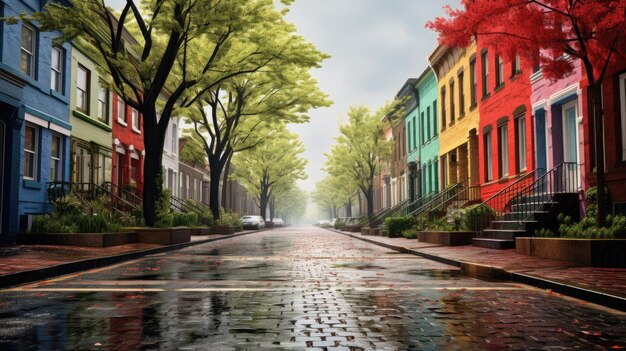 Photo raining a colorful brick street lined with row houses misty atmosphere landscapes traditional street scenes colorful woodcarvings delicate colors