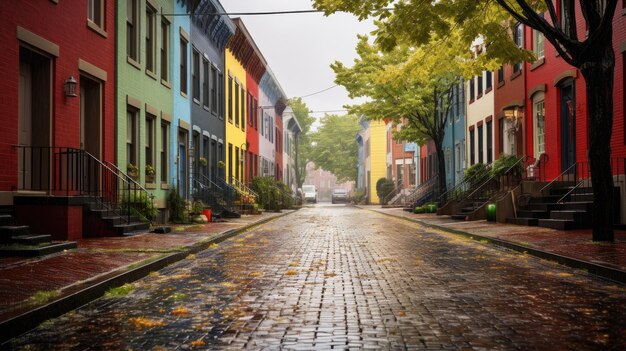 비가 내리는 다채로운 벽돌 거리, 줄지어 있는 집들, 안개 같은 분위기, 풍경, 전통적인 거리 장면, 다채로운 목조 조각, 섬세한 색