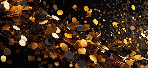 Raining gold confetti isolated on black party background concept with copy space for award ceremony New Year's Eve and jubilee