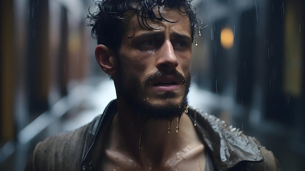 Rainsoaked alleyways mirror a man's anguish as he stands defeated head bowed