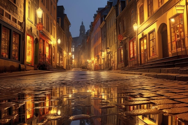 Rainsoaked cobblestone street reflecting warm streetlights created with generative ai