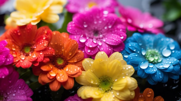 写真 虹の下の雨に浸かった花