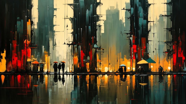 RainSoaked Streets Mirror Gleaming City Lights and Shadows Beneath UmbrellaCloaked Passersby