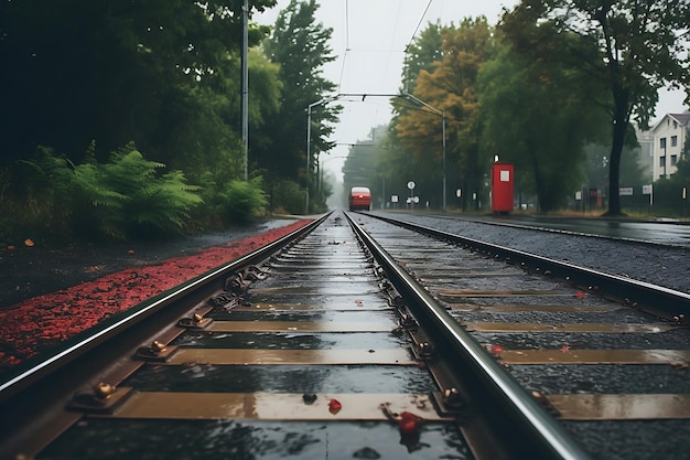 Foto tracce di treno bagnate dalla pioggia con un treno che passa