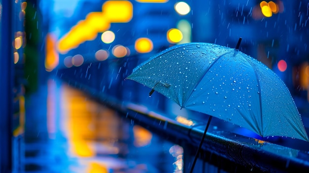 비가 은 우산이 은 레일링에 기대어 있다.