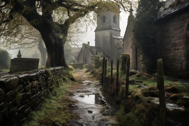 Photo rainsoaked village churchyard rain image