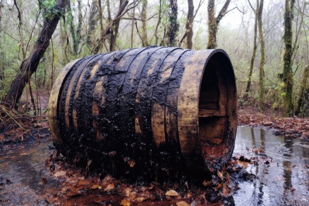 Rainwater collected in the hollow of a worn barrel created with generative ai