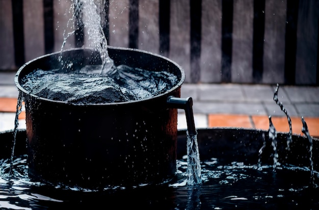 Rainwater drains from a metal barrel closeup Generative AI