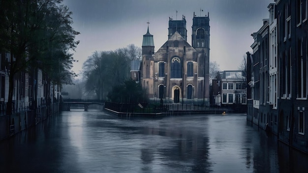 Photo rainy amsterdam canal groenburgwal with zuiderkerk southern church holland netherlands