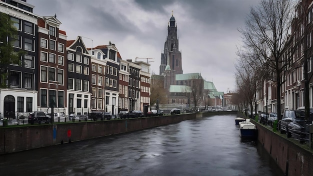 Rainy amsterdam canal groenburgwal with zuiderkerk southern church holland netherlands