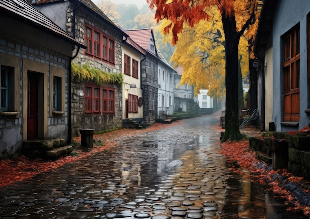 A rainy autumn day in a historic town with stone streets