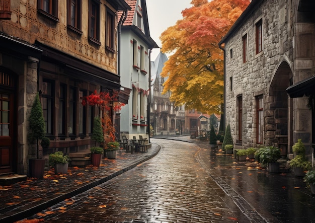 A rainy autumn day in a historic town with stone streets