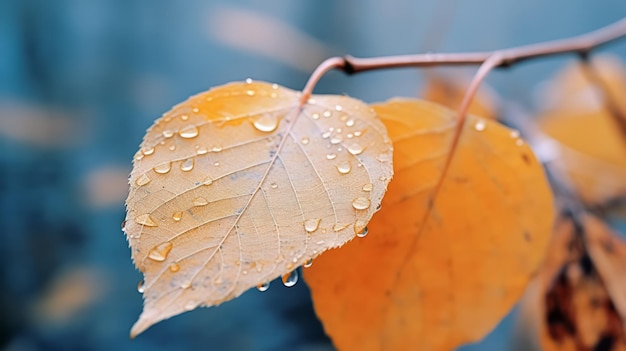 Rainy autumn day nature aesthetic background with closeup bright leaves Beautiful fall season
