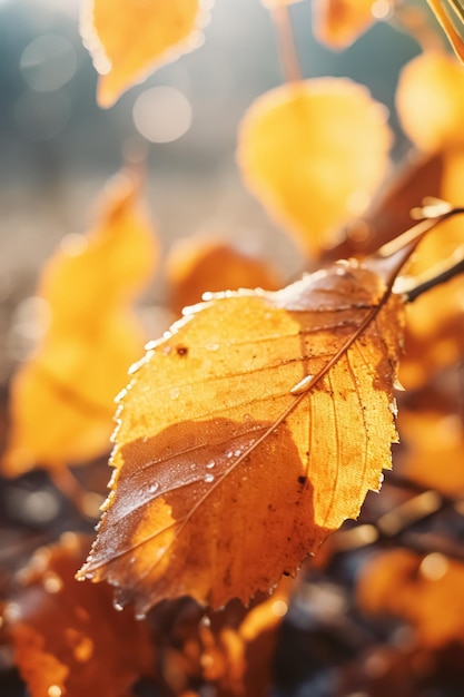 Rainy autumn day nature aesthetic background with closeup bright leaves Beautiful fall season