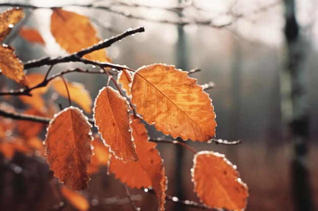 Rainy autumn day nature aesthetic background with closeup bright leaves Beautiful fall season