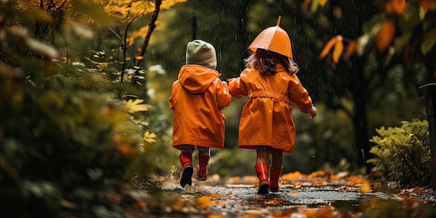 rainy autumn day with children dressed in bright orange raincoats gleefully jumping into puddles ne