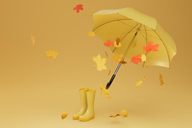 rainy autumn. an umbrella and yellow rubber boots around which multi-colored leaves scatter