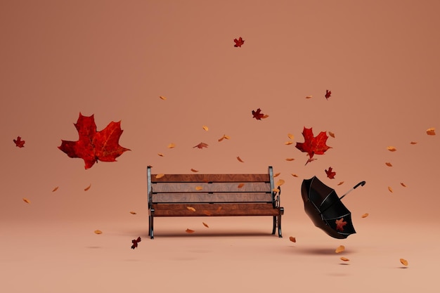 Photo rainy autumn and windy day. bench in the park.