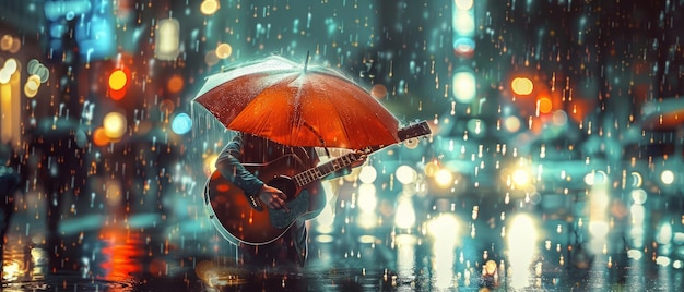 Rainy City Melodies Emotionele gitaargeluiden in digitale kunst