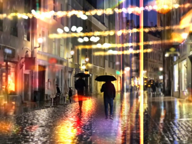 rainy city people with umbrellas yellow leaves night light reflection in window