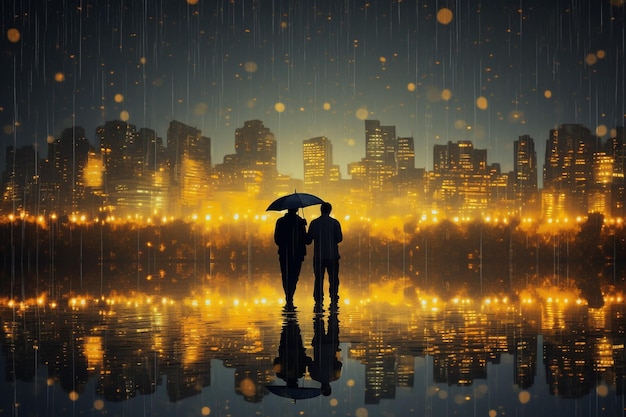 Rainy city people with umbrellas yellow leaves night light reflection in window