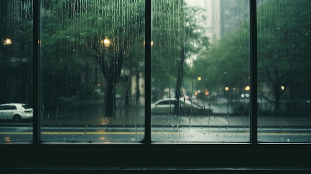 Rainy City Seen Through Glass Window