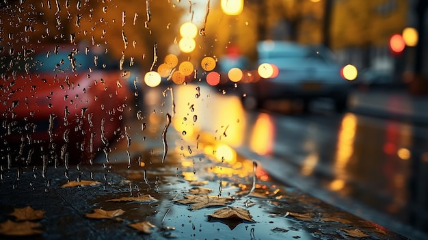 Foto strada piovosa della città in autunno sera foglie gialle cadono sulla pozzanghera traffico di auto luce sfocata