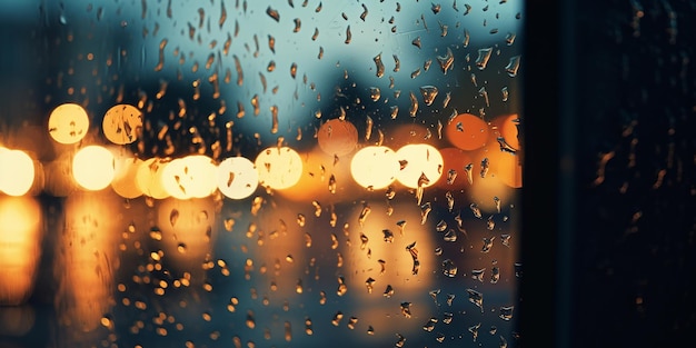 rainy city street evening blurred light Autumn season people walk with umbrellas