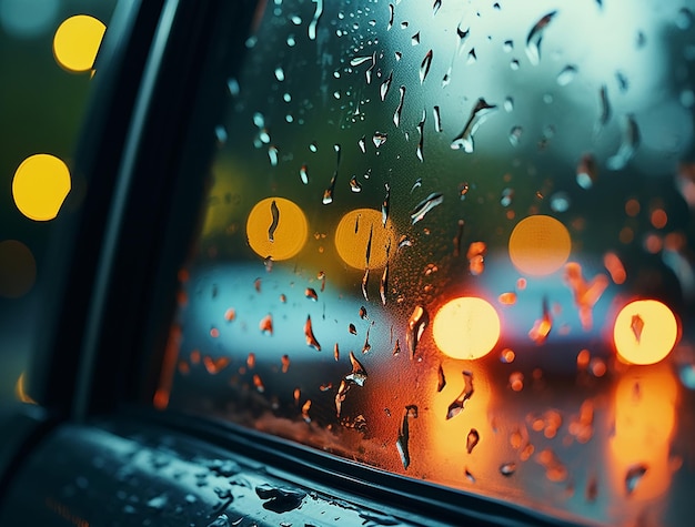 Photo rainy city street evening blurred light autumn season people walk with umbrellas