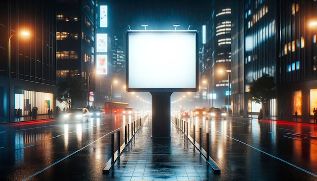 写真 雨の町の通りで ⁇ モックアップの広告板が夜間の広告のために光の灯台を提供しています ⁇