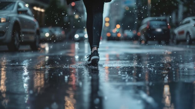 雨の街で歩行者が反射する歩道