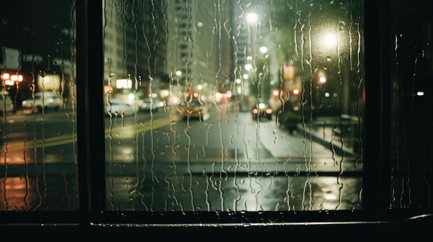 Rainy City View Through Glass Window